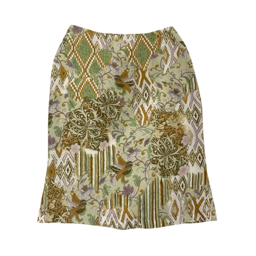 Louben Vintage Patchwork Floral Geometric A-Line Knee Length Skirt Green Tan 4